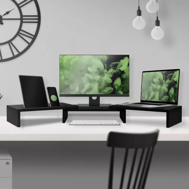 Elevador para monitor doble soporte madera negro estante 2 pantallas ajustable