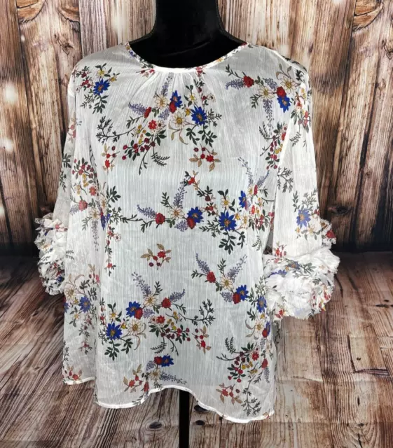 Vince Camuto Womens Ruffled sleeve floral Blouse top semi-sheer keyhole back XL