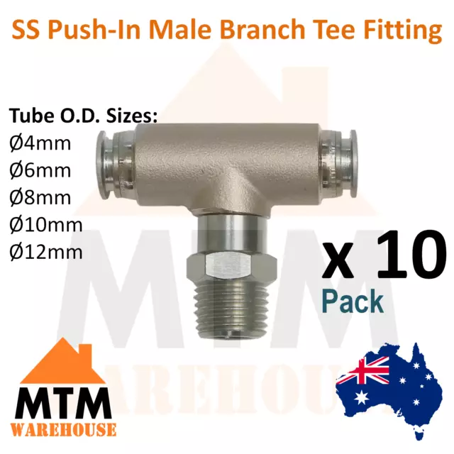 10 x SS Push in Air Fitting Male Branch Tee T Stainless Steel Pneumatic Ten Pack 2