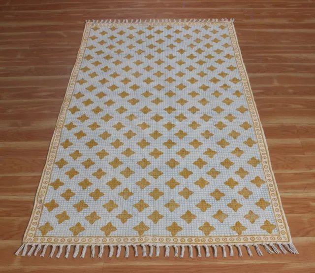 Natural Cotton Dhurries Bedroom Yellow Kilim Hand-Woven Mat Living Room Area Rug