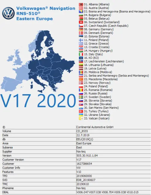 VW SKODA SEAT V17 RNS510/RNS810 2020 Navigation Map East+West Europe ISO DVD URL