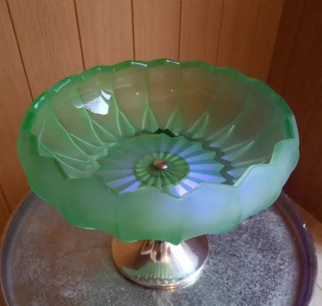 Art Deco Frosted Green Uranium/Vaseline Green Glass Bowl Chrome Stand Stunning