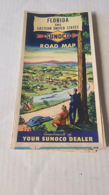 1952 SUNOCO OIL Co GASOLINE GAS STATION Vintage Florida and Eastern US Road Map