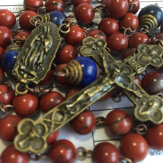 Catholic Red Carnelian Lapis lazuli beads Vintage Rosary Necklace Cross crucifix
