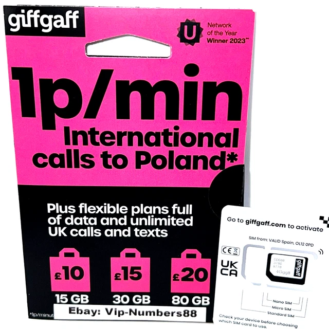 Nuova sim card INTERNAZIONALE giffgaff India Polonia Cina USA Pay As You Go PAYG UK