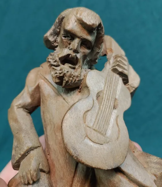 Vintage Hand Carved Wooden Figure Traveling Musician South American Wood Carving