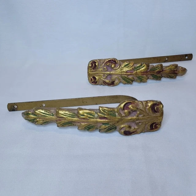 Antique Curtain Tie Back Hooks PAIR Victorian Rococo GOLD Green Vintage Ormolu