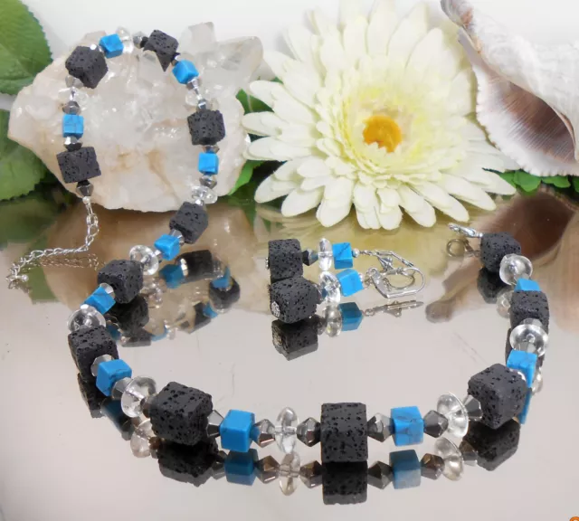 2er SET / Würfel COLLIER + Ohrhänger Lava + Türkis + Glas Perlen