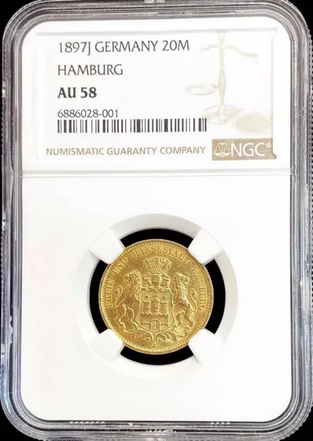 1897 J Gold German State Hamburg 20 Mark Coin Ngc About Uncirculated 58