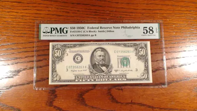 1950C Pmg Au58 Epq Federal Reserve Philadelphia Fifty Dollar Note $50.00 Bill!