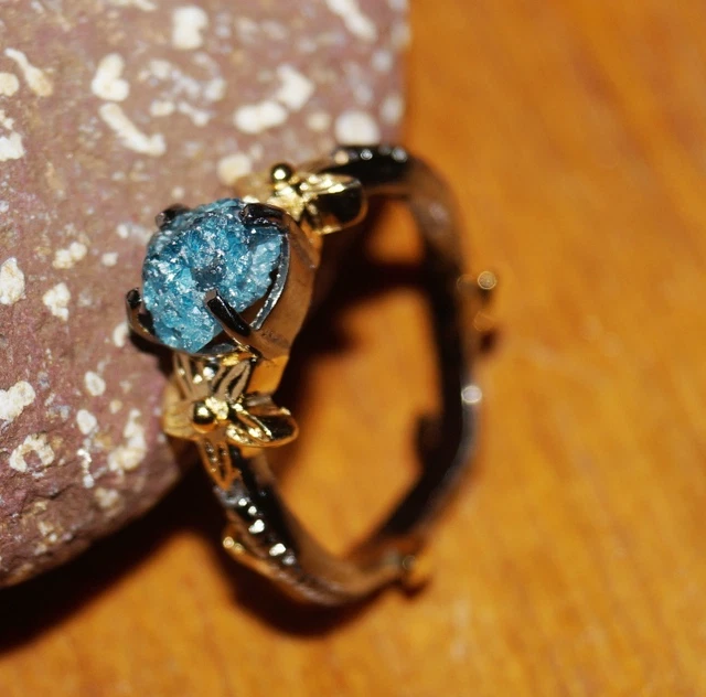 Bague Diamant Brut Bleu-vert En Argent 925 - Diamant Naturel 1.25 Ct, Taille 7.5, Style Rustique