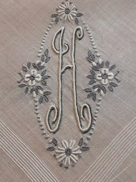 Vgt H Monogram  Gray & White Embroidery White Cotton Shadows Hankie Handkerchief