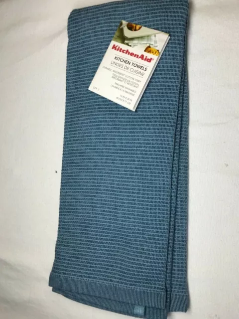 Kitchen Aid  2 Pack Kitchen Towels  Blue Textured Checks 100% Cotton  Nip