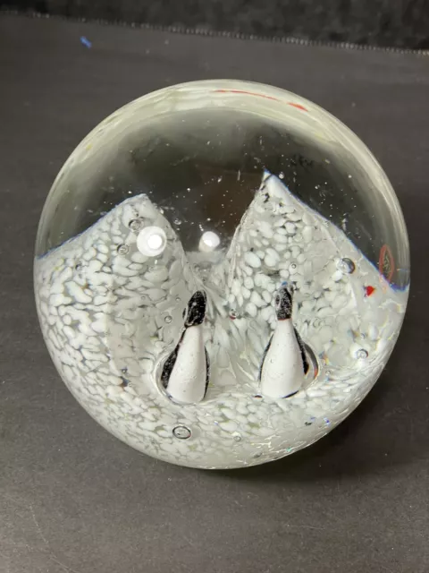 Penguin paperweight couple in snow ice globe glass Figurines 4” Round Christmas