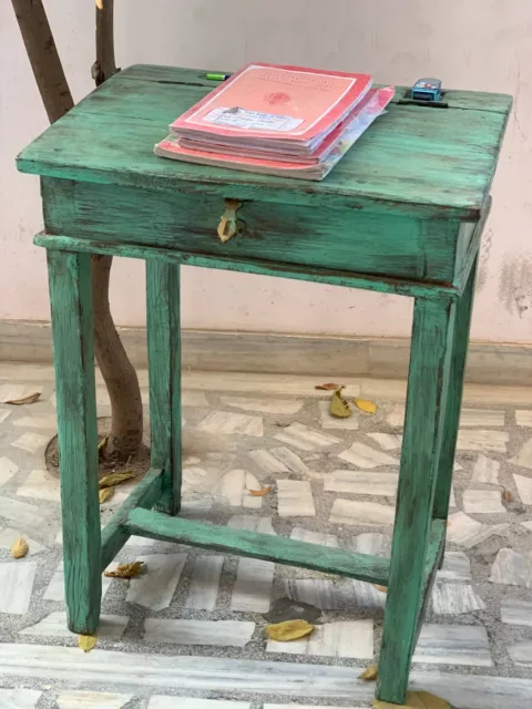 Vintage wooden carved writing desk old painted school table with box home decor