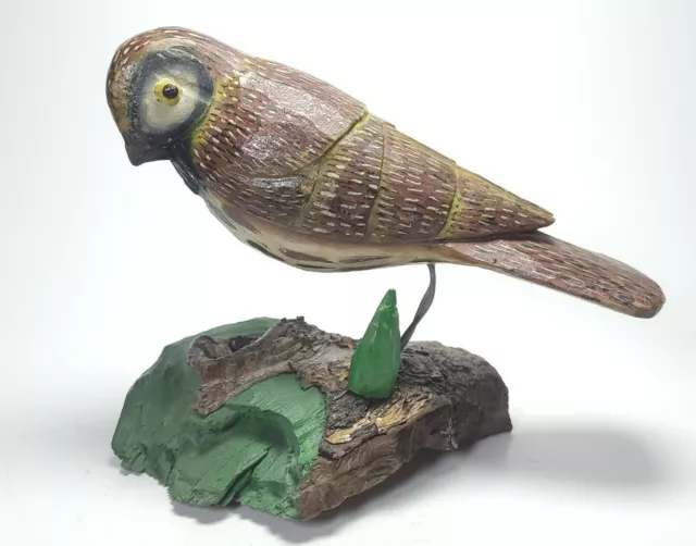 Carved Wood Bird Parakeet Handpainted Driftwood Base 7in X 9in Decoy