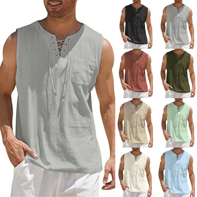 T-shirt senza maniche da uomo cotone lino top estate massello sciolto gilet camicia casual