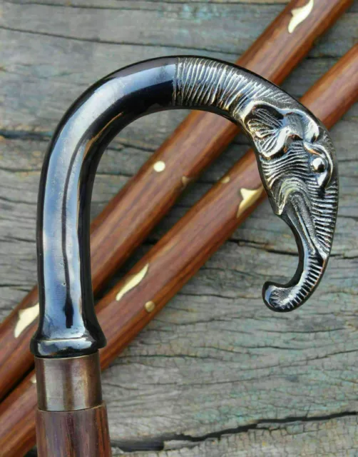 Vintage Style Brass Elephant Head Handle Vintage  Wooden Walking Stick Cane