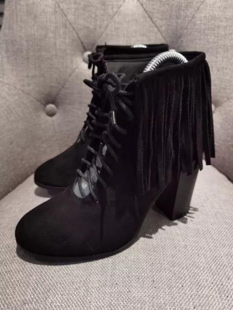 Women's Block Heel Ankle Boots Suede Black With Tassels Size UK 5 EU 38