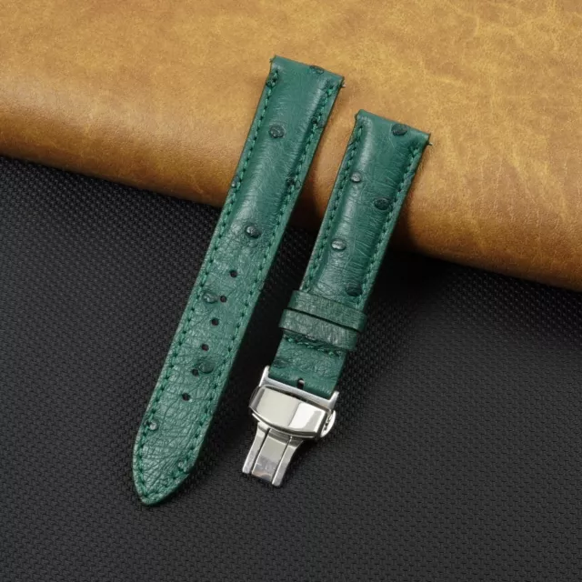 Green Real Ostrich Leather Watch Band Deployment Silver Buckle Handmade Gift Men