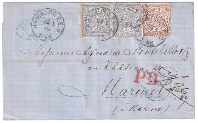 NDP Mi.Nr. 3 & 5 (2) MiF PD Brief Hamburg - chateau de Mareuil Frankreich 1869