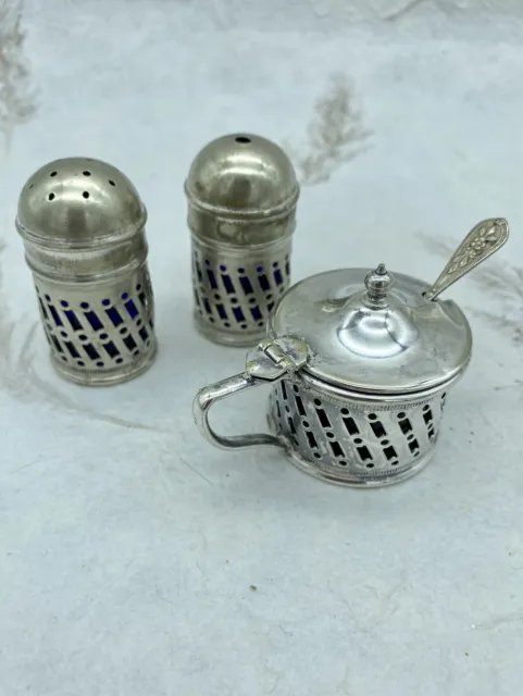 Antique EPNS 4 PCS Silver Plate Condiment set Mustard Pot Cobalt Blue Decorative