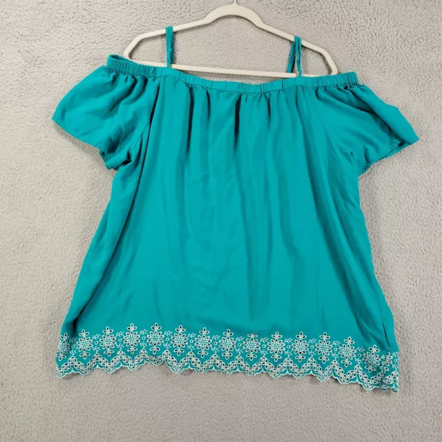 Old Navy Blouse Womens XL Aqua Blue Cold Shoulder Embroidered Cutout Trim