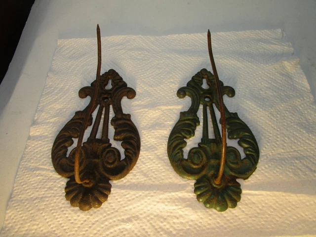 Antique Pair Of Ornate Cast Iron Art Nouveau Style Wall Hanging Spindles