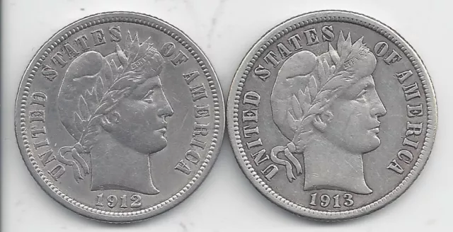 Two (2) EF/XF Barber Dimes: 1912 & 1913 Lot 771