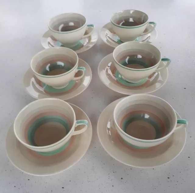 6 Susie Cooper Tea Cups And Saucers Crown Works Wedding Ring Art Deco England