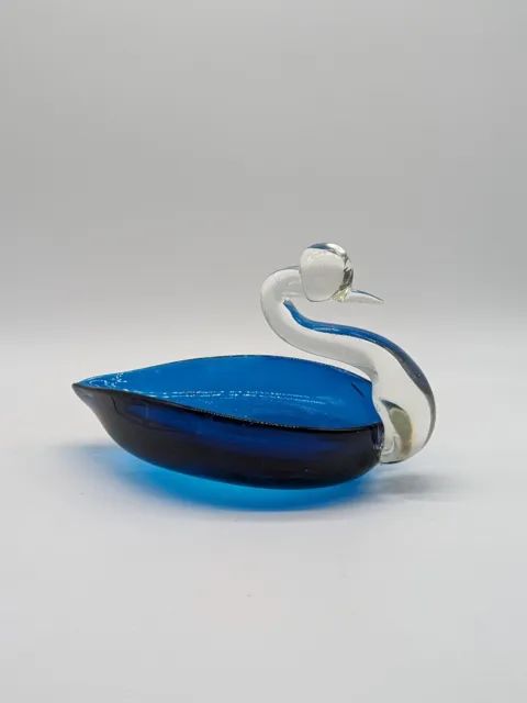 Vintage Hand Blown Cobalt Blue & Clear Art Glass Swan Bowl Candy Dish