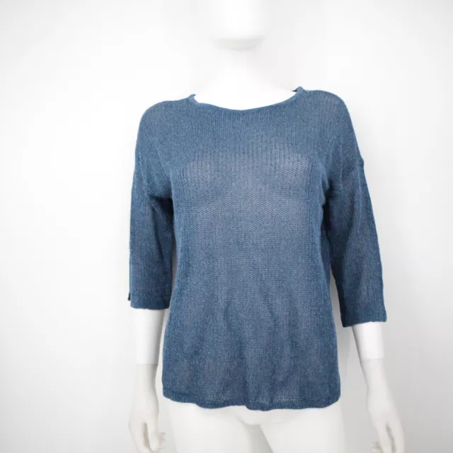 J.Jill  Blue Round Neck linen blend knit 3/4 sleeve pullover Knit Semi - Sheer