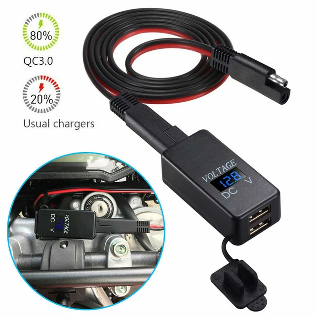 12V Motorcycle SAE to USB Dual Port Charger Waterproof Voltmeter Cable Adapter