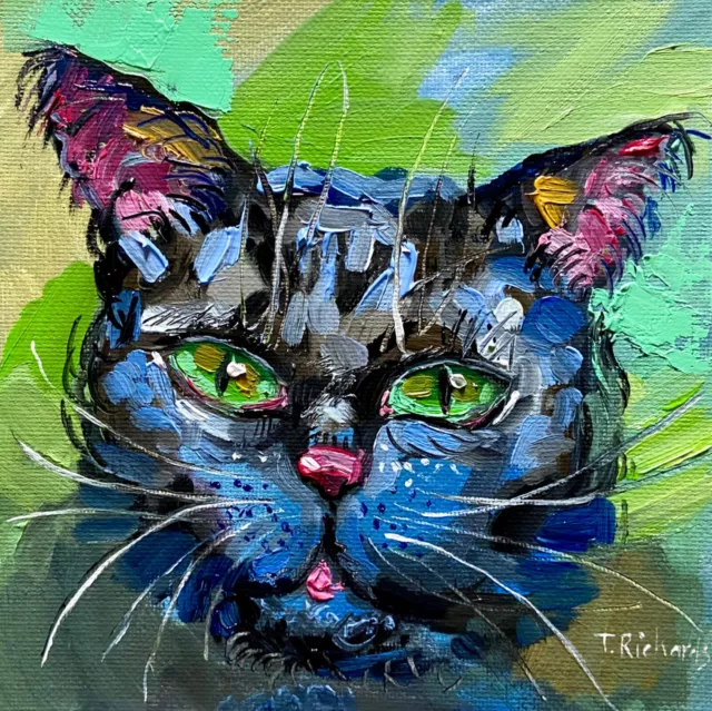 ORIGINAL art oil painting Black cat portrait Pet animal Oil on canvas panel 6x6"