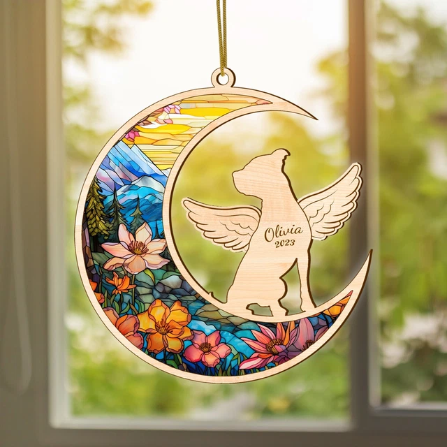Personalized Pitbull Memorial Suncatcher, Pitbull Dog Angel Wings Memorial Gift