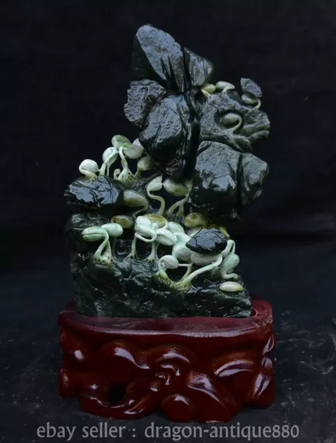 10.8" Chinese Natural Dushan Jade Carved Fengshui Bean Sprout Statue Sculpture