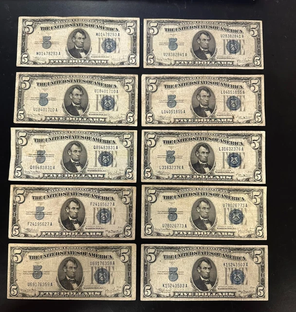 Lot of 10, 1934 $5 Silver Certificate Banknote Blue Seal 
