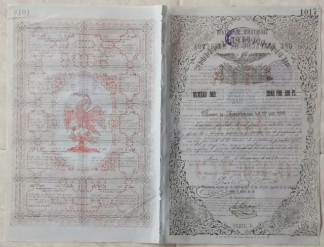 MEXICO double-paged government bond 100Ps 1859 full coupon sheet, official marks