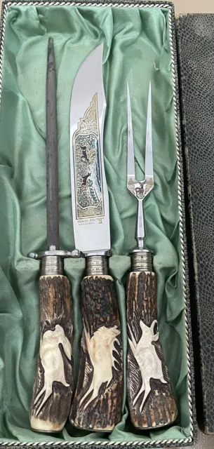 RARE Vintage Solingen German 3 Piece Antler Bone Carving Set Original Box