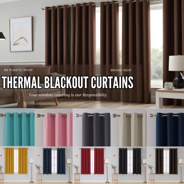 Thermal Thick Blackout Curtains Ring top Eyelet Ready Made Pair Energy Saving