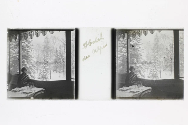 France Hotel des Alpes Montagne Snow Photo Plate P45L4n8 Positive Stereo Glass