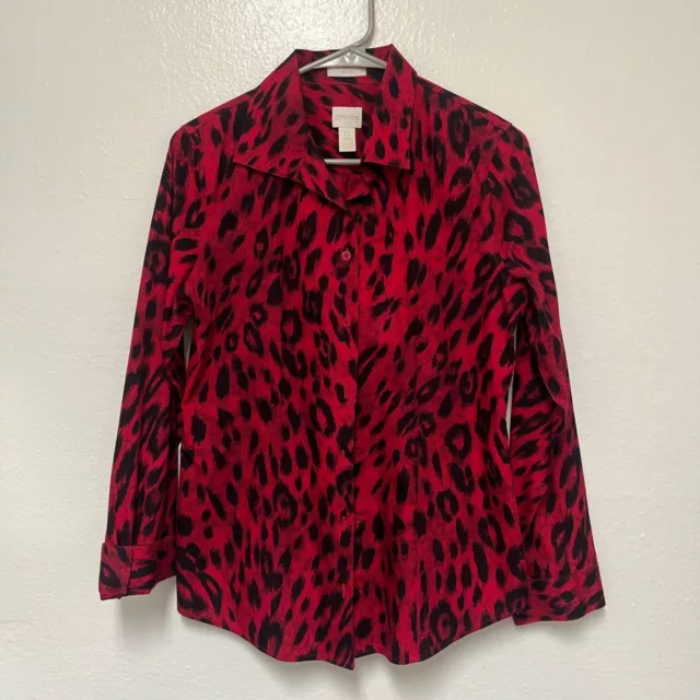 Chicos Womens No Iron Button Down Shirt Red And Black Cheetah Print