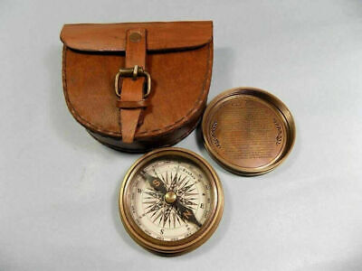 Antique Authentic Vintage Style Brass Pocket Compass With Leather Case Nautical