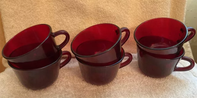 6 Vintage Hocking Glass Royal Ruby Coffee Tea Cups 3 5/8 Diameter x 2 1/2 Inches