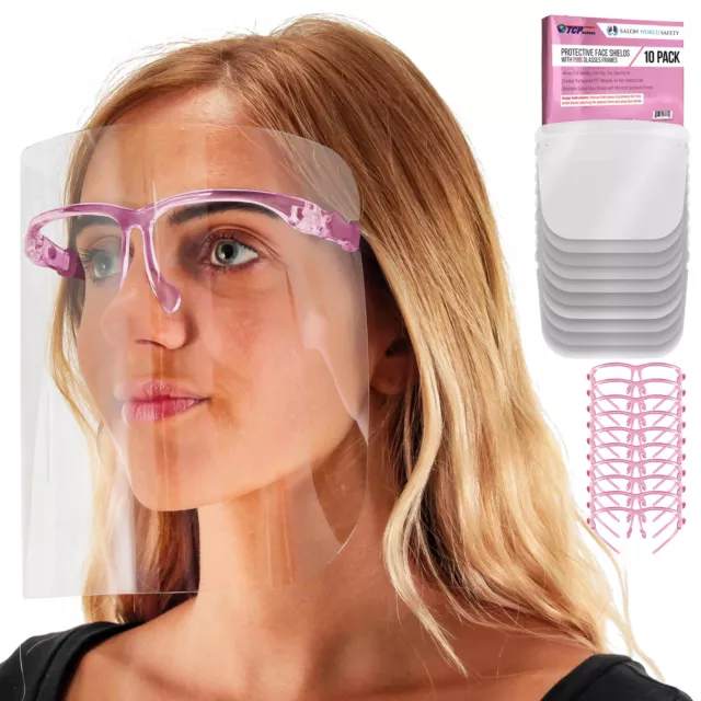 Salon World Safety Pink Face Shields with Glasses Frames (10 Pack) - Anti-Fog