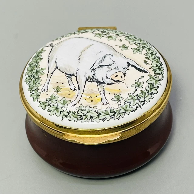 VTG Crummles pig Enamel Trinket Pill box Hinged Round Dresser Vanity Collectible