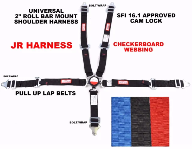 Jr Drag Universal Harness 5 Point  Pull Up Lap Belt Cam Lock Black Checkerboard