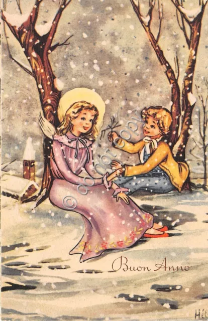 Cartolina - Postcard - Illustrata - Buon anno - Angelo - bambino - neve