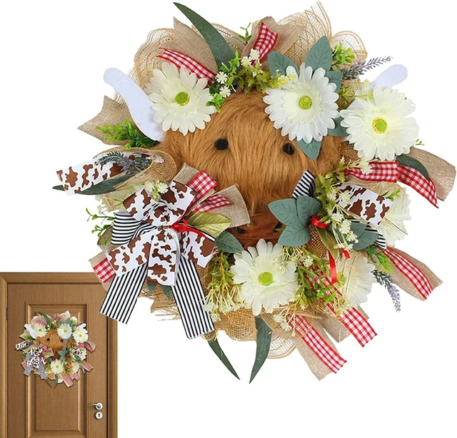Cow Front Door Wreath, Bows/Leaves, Floral Arrangment, Holiday Props