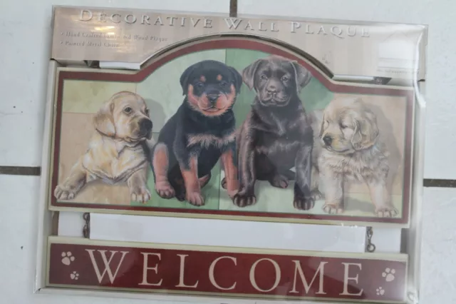 New Dog Welcome Plaque Dogs Puppy Laminated  Wood w/ Chain  Sign Wall Home Decor